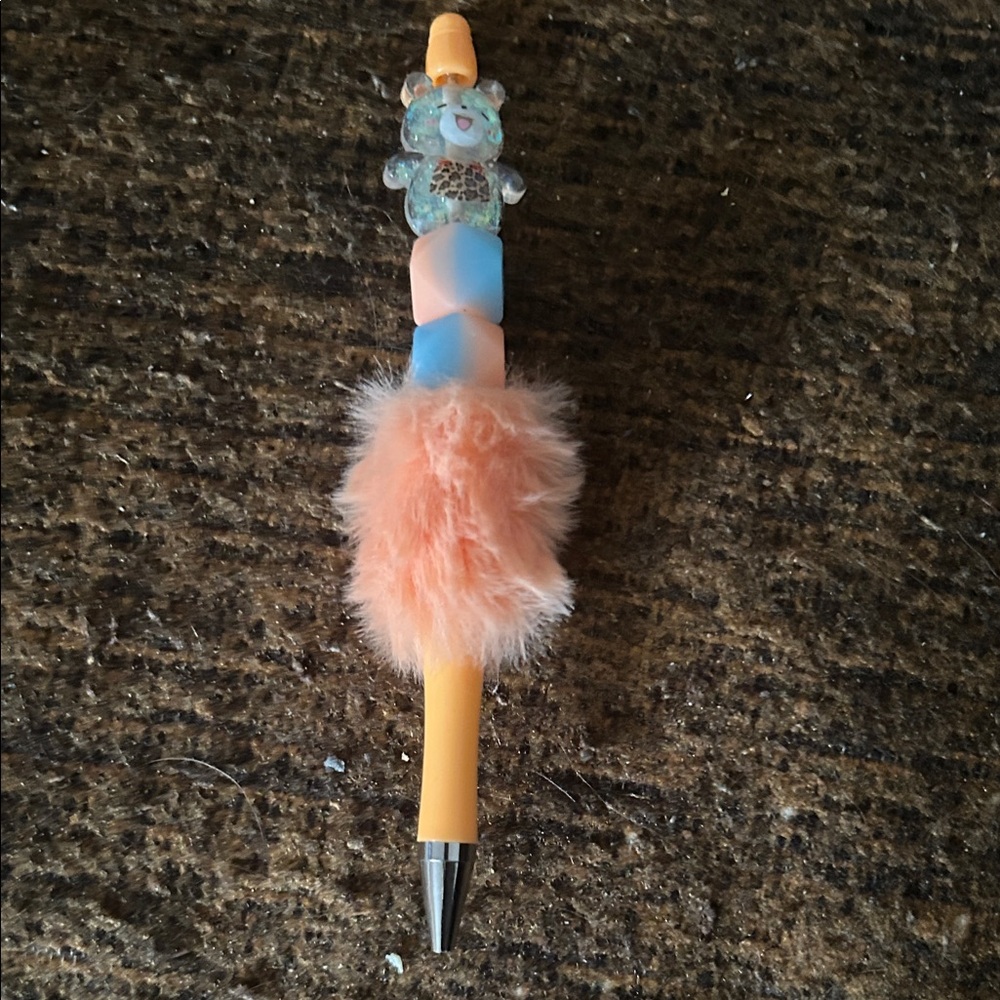 Plush Peach Fuzzy Top Kids Pen - Cute Character Design